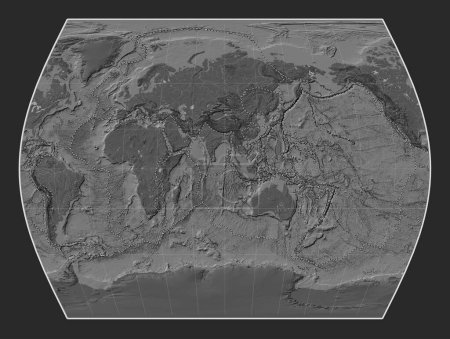 Téléchargez les photos : Limites des plaques tectoniques sur la carte de l'altitude bilevel du monde dans la projection Times centrée sur le 90e méridien longitude est - en image libre de droit