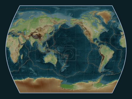 Foto de Límites de placas tectónicas en el mapa de elevación de estilo wikipedia mundial en la proyección Times centrada en la línea de fecha - Imagen libre de derechos