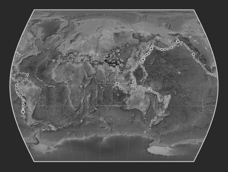 Photo for Locations of earthquakes above Richter 6.5 recorded since the early 17th century on the world grayscale elevation map in the Times projection centered on the 90th meridian east longitude - Royalty Free Image