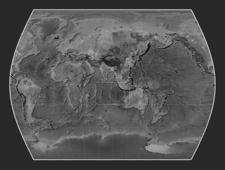Photo for Distribution of known volcanoes on the world grayscale elevation map in the Times projection centered on the 90th meridian east longitude - Royalty Free Image