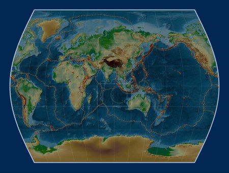 Téléchargez les photos : Distribution of known volcanoes on the world physical elevation map in the Times projection centered on the 90th meridian east longitude - en image libre de droit