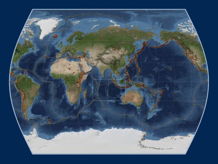 Téléchargez les photos : Répartition des volcans connus sur la carte satellite mondiale en marbre bleu dans la projection Times centrée sur le 90e méridien longitude est - en image libre de droit