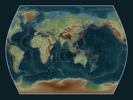 Photo for Distribution of known volcanoes on the world wikipedia style elevation map in the Times projection centered on the 90th meridian east longitude - Royalty Free Image