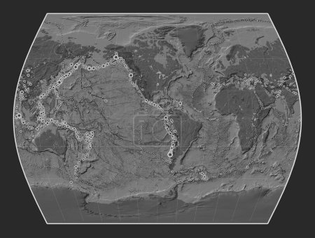 Photo for Locations of earthquakes above Richter 6.5 recorded since the early 17th century on the world bilevel elevation map in the Times projection centered on the 90th meridian west longitude - Royalty Free Image