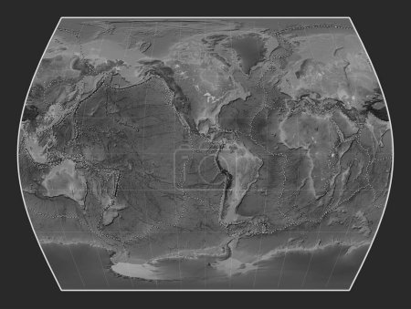 Photo for Tectonic plate boundaries on the world grayscale elevation map in the Times projection centered on the 90th meridian west longitude - Royalty Free Image