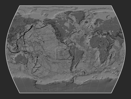 Photo for Distribution of known volcanoes on the world bilevel elevation map in the Times projection centered on the 90th meridian west longitude - Royalty Free Image