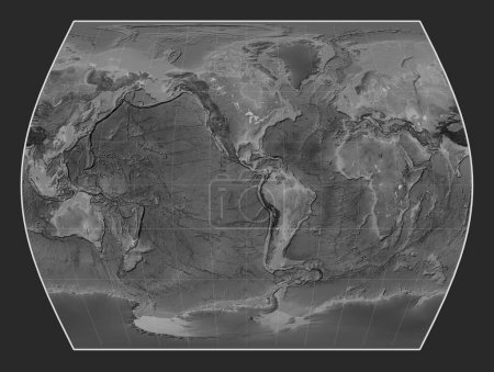 Foto de Mapa mundial de elevación a escala de grises en la proyección Times centrado en la longitud del meridiano 90 oeste - Imagen libre de derechos