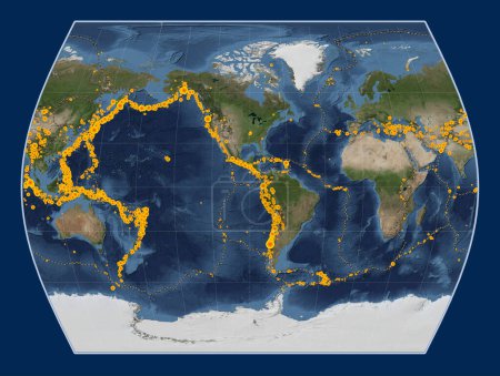 Photo for Locations of earthquakes above Richter 6.5 recorded since the early 17th century on the world blue Marble satellite map in the Times projection centered on the 90th meridian west longitude - Royalty Free Image