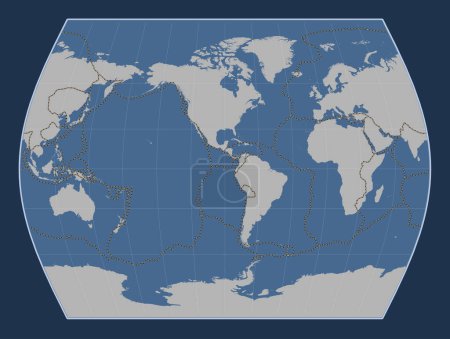 Foto de Límites de placas tectónicas en el mapa de contorno sólido del mundo en la proyección Times centrada en la longitud del meridiano 90 oeste - Imagen libre de derechos