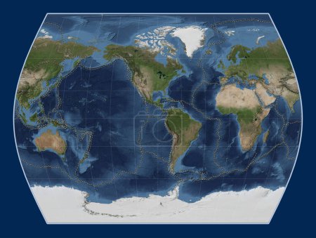 Photo for Tectonic plate boundaries on the world blue Marble satellite map in the Times projection centered on the 90th meridian west longitude - Royalty Free Image