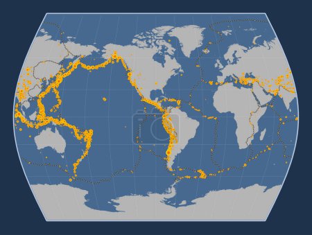 Foto de Ubicaciones de terremotos por encima de Richter 6.5 registradas desde principios del siglo XVII en el mapa del contorno sólido mundial en la proyección Times centrada en la longitud del meridiano 90 oeste - Imagen libre de derechos