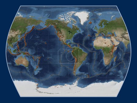 Téléchargez les photos : Répartition des volcans connus sur la carte satellite mondiale en marbre bleu dans la projection Times centrée sur le 90e méridien longitude ouest - en image libre de droit