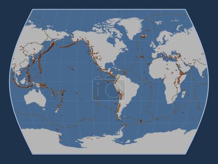 Foto de Distribución de volcanes conocidos en el mapa del contorno sólido del mundo en la proyección Times centrada en la longitud del meridiano 90 oeste - Imagen libre de derechos