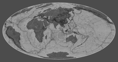 Téléchargez les photos : Limites des plaques tectoniques sur une carte bilevel du monde dans la projection Aitoff centrée sur le méridien 90 longitude est - en image libre de droit