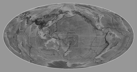 Téléchargez les photos : Limites des plaques tectoniques sur une carte en niveaux de gris du monde dans la projection d'Aitoff centrée sur la longitude du méridien 180 - en image libre de droit