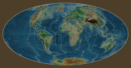 Téléchargez les photos : Limites des plaques tectoniques sur une carte physique du monde dans la projection d'Aitoff centrée sur la longitude du méridien 0 - en image libre de droit