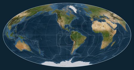 Foto de Límites de placas tectónicas en un mapa satelital del mundo en la proyección de Aitoff centrada en la longitud meridiano-90 oeste - Imagen libre de derechos