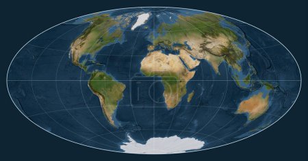 Téléchargez les photos : Carte satellite du monde en projection Aitoff centrée sur le méridien 0 longitude - en image libre de droit