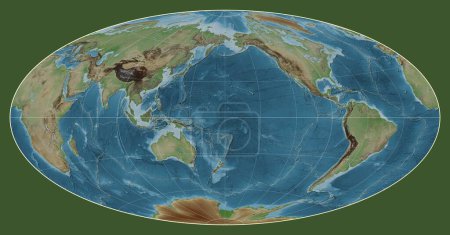 Foto de Límites de placas tectónicas en un mapa de elevación coloreado del mundo en la proyección de Aitoff centrada en la longitud del meridiano 180 - Imagen libre de derechos