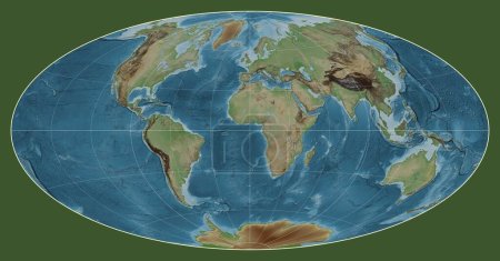 Foto de Mapa de elevación coloreada del mundo en la proyección de Aitoff centrada en la longitud del meridiano 0 - Imagen libre de derechos