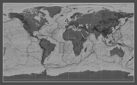 Téléchargez les photos : Limites des plaques tectoniques sur une carte bilevel du monde dans la projection Compact Miller centrée sur le méridien 0 longitude - en image libre de droit