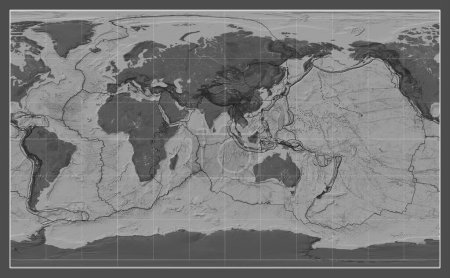 Téléchargez les photos : Limites des plaques tectoniques sur une carte bilevel du monde dans la projection Compact Miller centrée sur le méridien 90 longitude est - en image libre de droit