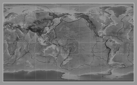Téléchargez les photos : Limites des plaques tectoniques sur une carte en niveaux de gris du monde dans la projection Compact Miller centrée sur la longitude du méridien 180 - en image libre de droit