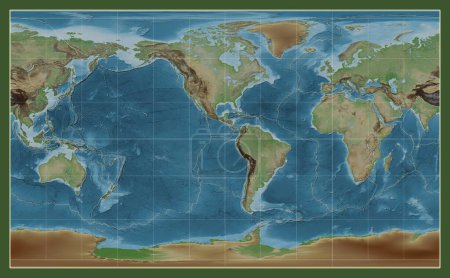 Foto de Límites de placas tectónicas en un mapa de elevación coloreado del mundo en la proyección Compact Miller centrada en la longitud meridiano-90 oeste - Imagen libre de derechos