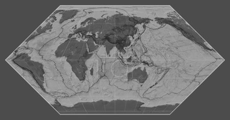 Foto de Límites de placas tectónicas en un mapa bilevel del mundo en la proyección de Eckert I centrada en el meridiano 90 de longitud este - Imagen libre de derechos