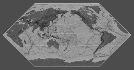 Photo for Tectonic plate boundaries on a bilevel map of the world in the Eckert I projection centered on the meridian 180 longitude - Royalty Free Image