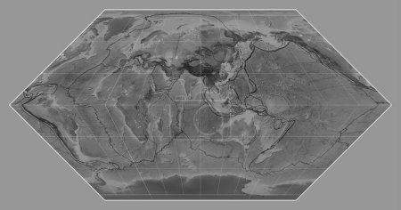 Téléchargez les photos : Limites des plaques tectoniques sur une carte en niveaux de gris du monde dans la projection Eckert I centrée sur le méridien 90 longitude est - en image libre de droit