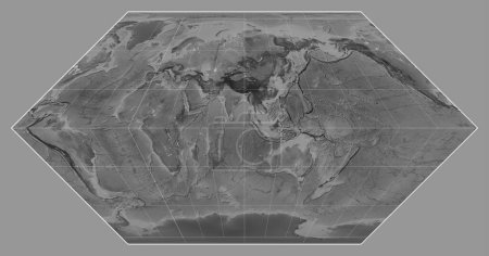 Téléchargez les photos : Carte en niveaux de gris du monde dans la projection d'Eckert I centrée sur le méridien 90 longitude est - en image libre de droit