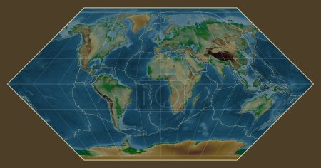 Téléchargez les photos : Limites des plaques tectoniques sur une carte physique du monde dans la projection d'Eckert I centrée sur la longitude du méridien 0 - en image libre de droit