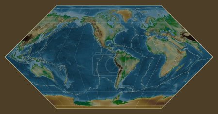 Téléchargez les photos : Limites des plaques tectoniques sur une carte physique du monde dans la projection d'Eckert I centrée sur le méridien 90 longitude ouest - en image libre de droit