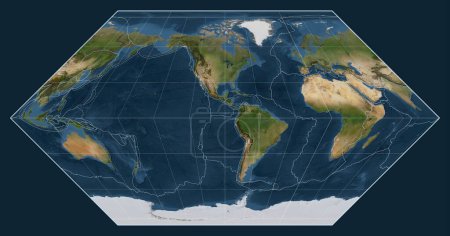 Photo for Tectonic plate boundaries on a satellite map of the world in the Eckert I projection centered on the meridian -90 west longitude - Royalty Free Image