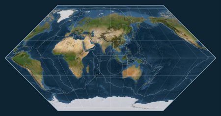 Téléchargez les photos : Limites des plaques tectoniques sur une carte satellite du monde dans la projection Eckert I centrée sur le méridien 90 longitude est - en image libre de droit