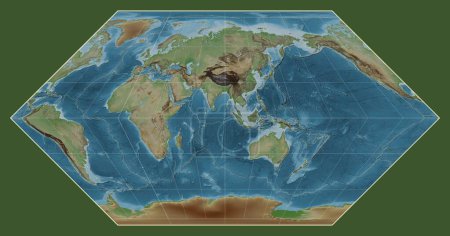 Foto de Límites de placas tectónicas en un mapa de elevación coloreado del mundo en la proyección de Eckert I centrada en el meridiano 90 de longitud este - Imagen libre de derechos