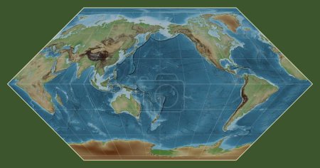 Foto de Mapa de elevación coloreada del mundo en la proyección de Eckert I centrada en la longitud del meridiano 180 - Imagen libre de derechos