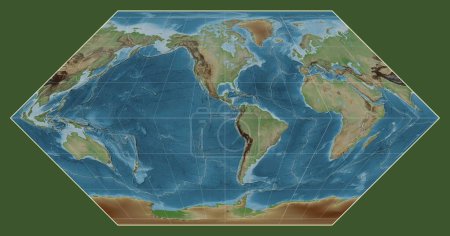 Foto de Límites de placas tectónicas en un mapa de elevación coloreado del mundo en la proyección de Eckert I centrada en la longitud meridiano-90 oeste - Imagen libre de derechos