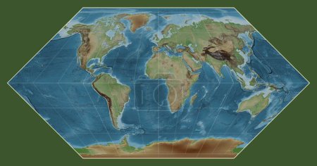 Foto de Mapa de elevación coloreado del mundo en la proyección de Eckert I centrado en el meridiano 0 longitud - Imagen libre de derechos