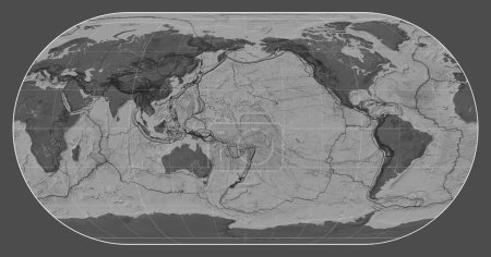 Téléchargez les photos : Limites des plaques tectoniques sur une carte bilevel du monde dans la projection Eckert III centrée sur la longitude du méridien 180 - en image libre de droit