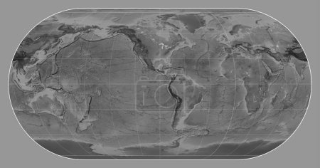 Téléchargez les photos : Carte en niveaux de gris du monde dans la projection d'Eckert III centrée sur la longitude méridienne 90 ouest - en image libre de droit