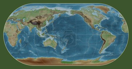 Foto de Límites de placas tectónicas en un mapa de elevación coloreado del mundo en la proyección de Eckert III centrada en la longitud del meridiano 180 - Imagen libre de derechos