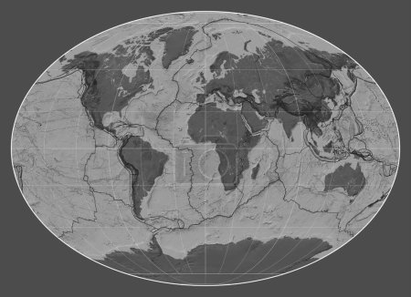 Téléchargez les photos : Limites des plaques tectoniques sur une carte bilevel du monde dans la projection Fahey centrée sur le méridien 0 longitude - en image libre de droit