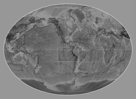 Photo for Tectonic plate boundaries on a grayscale map of the world in the Fahey projection centered on the meridian -90 west longitude - Royalty Free Image