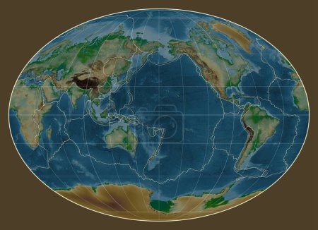 Téléchargez les photos : Limites des plaques tectoniques sur une carte physique du monde dans la projection Fahey centrée sur la longitude du méridien 180 - en image libre de droit