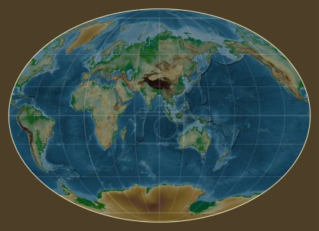 Téléchargez les photos : Carte physique du monde dans la projection Fahey centrée sur le méridien 90 longitude est - en image libre de droit