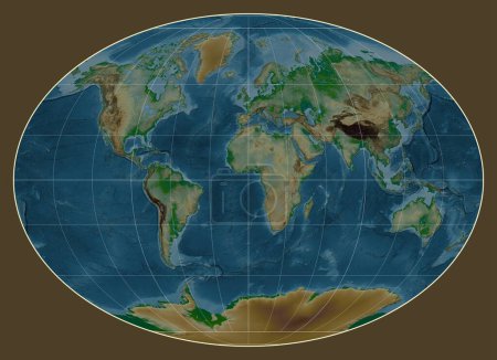 Téléchargez les photos : Carte physique du monde dans la projection Fahey centrée sur le méridien 0 longitude - en image libre de droit