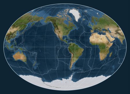 Téléchargez les photos : Limites des plaques tectoniques sur une carte satellite du monde dans la projection Fahey centrée sur le méridien 90 longitude ouest - en image libre de droit