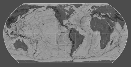 Téléchargez les photos : Limites des plaques tectoniques sur une carte bilevel du monde dans la projection Asymétrique Hatano Equal Area centrée sur le méridien 90 longitude ouest - en image libre de droit